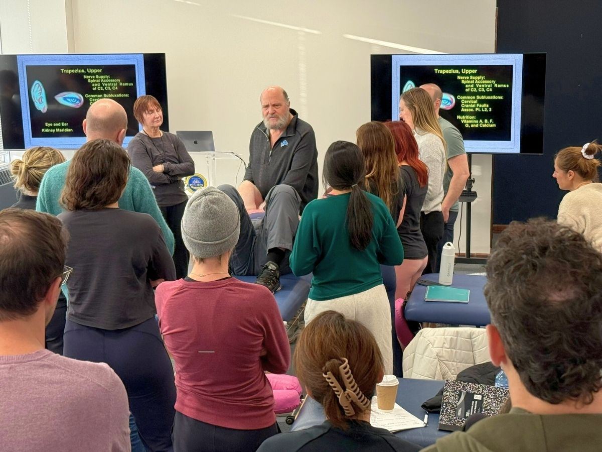 Dr. Sandweiss teaching a muscle test as attendees look on